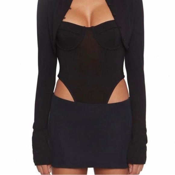 Danielle Guizio Black Long Sleeve Cardigan Bodysuit - Picture 1 of 5